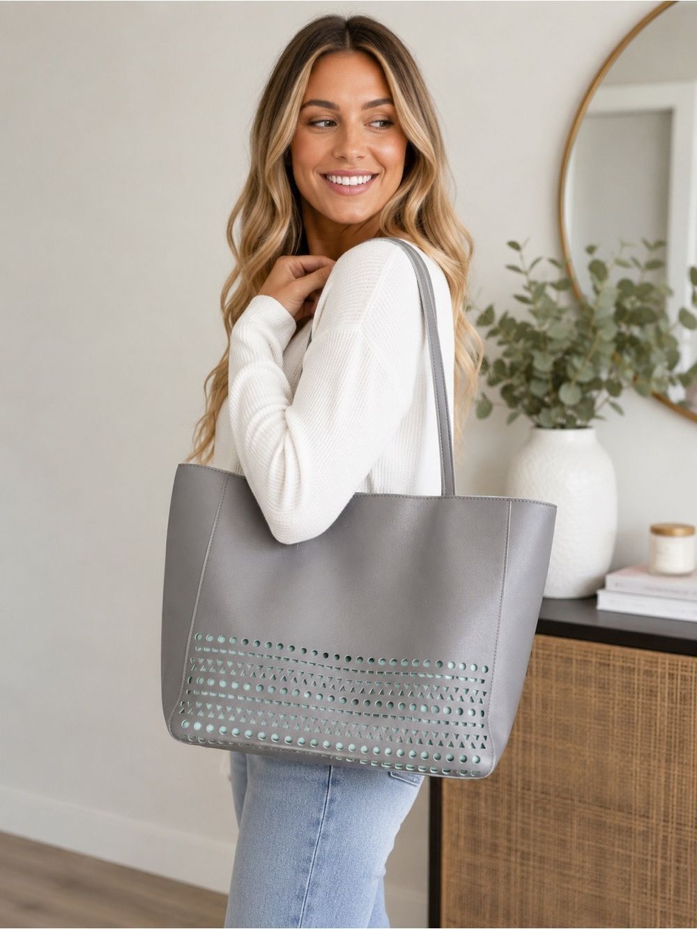 NWT Gray Perforated Faux Leather Tote Bag Aqua Lining Large Shoulder Shopper BBW